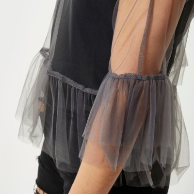 Grey tulle frill sleeve top